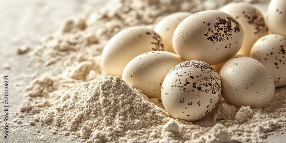 Poster quail eggs with speckled shells arranged on soft white pastry flour creating a textured background f