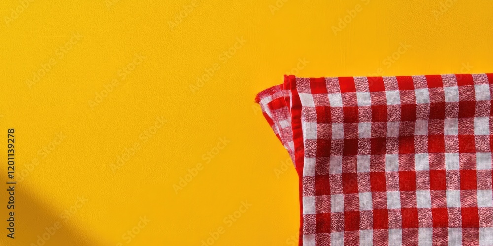 Poster red checkered napkin on bright yellow background with minimalist summer theme emphasizing vibrant co