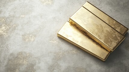 A set of gold bars lying flat on a light grey concrete background