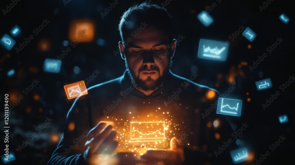 Poster man examines glowing data visualizations.
