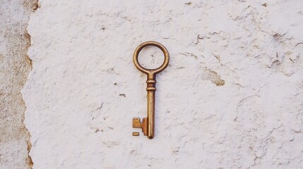 A simple brass key on a minimalistic white background with strong shadows