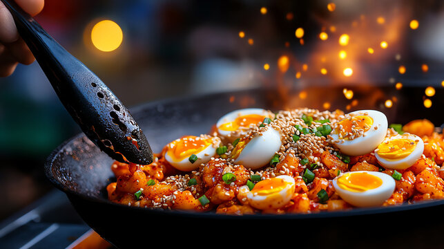 Korean Tteokbokki spicy rice cakes, garnished with sesame seeds and boiled eggs, served in a bustling street vendor scene, [Asian snacks, bold flavors]
