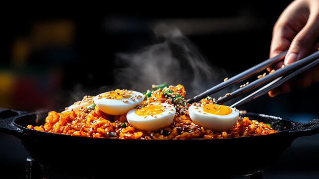 Korean Tteokbokki spicy rice cakes, garnished with sesame seeds and boiled eggs, served in a bustling street vendor scene, [Asian snacks, bold flavors]