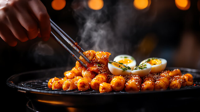 Korean Tteokbokki spicy rice cakes, garnished with sesame seeds and boiled eggs, served in a bustling street vendor scene, [Asian snacks, bold flavors]