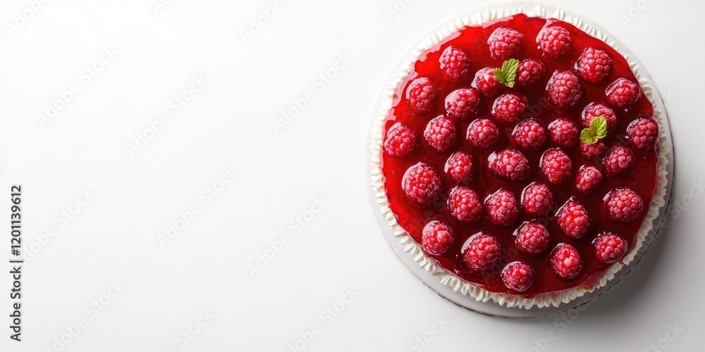 Poster raspberry jelly cake viewed from above on a white background featuring vibrant red jelly and fresh r