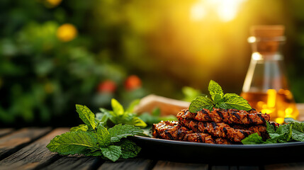 Lebanese Kibbeh Nayeh raw meat dish, served with mint leaves and olive oil in a rustic family courtyard, [Middle Eastern gourmet, cultural traditions]