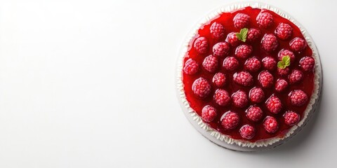 Raspberry jelly cake viewed from above on a white background featuring vibrant red jelly and fresh raspberries with ample copy space on the left.