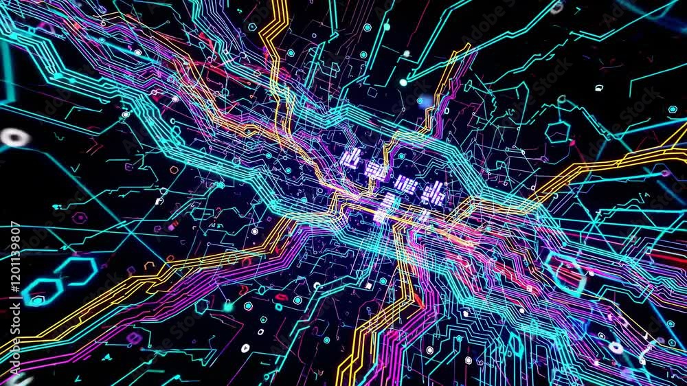 Poster explore vibrant digital pathways through an animated representation of networks and data transmissio