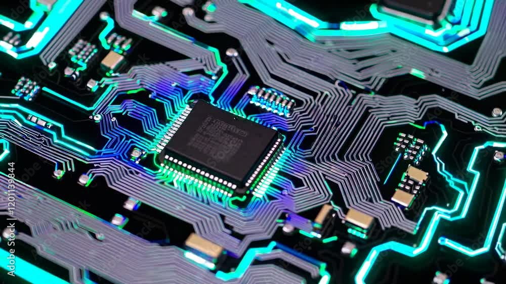 Poster exploring the intricate details of a circuit board with colorful components and traces