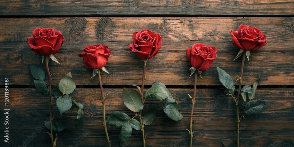 Poster red roses arranged in a row on rustic wooden boards with green leaves creating a harmonious, elegant