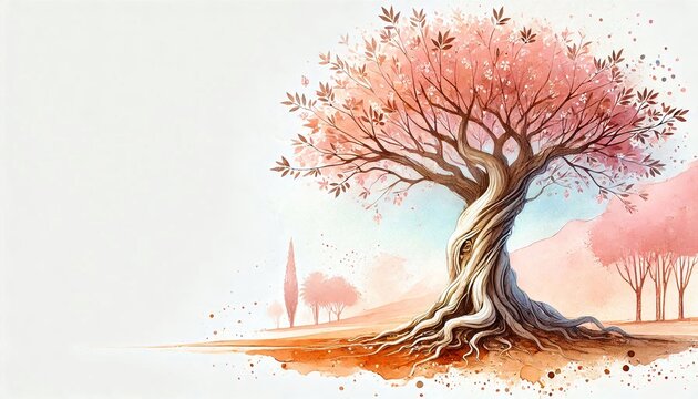 Tu Bishvat tree, copy space on a side, minimalist watercolor art style