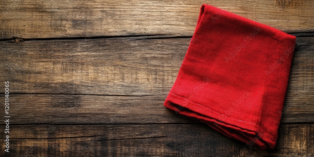 Poster red linen napkin neatly folded on rustic dark brown wooden surface with ample space for text on the 