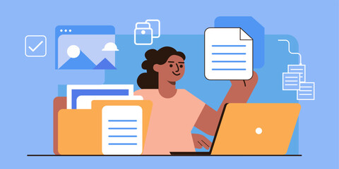 Young Woman Organizing Files in Online Cloud Storage on Laptop