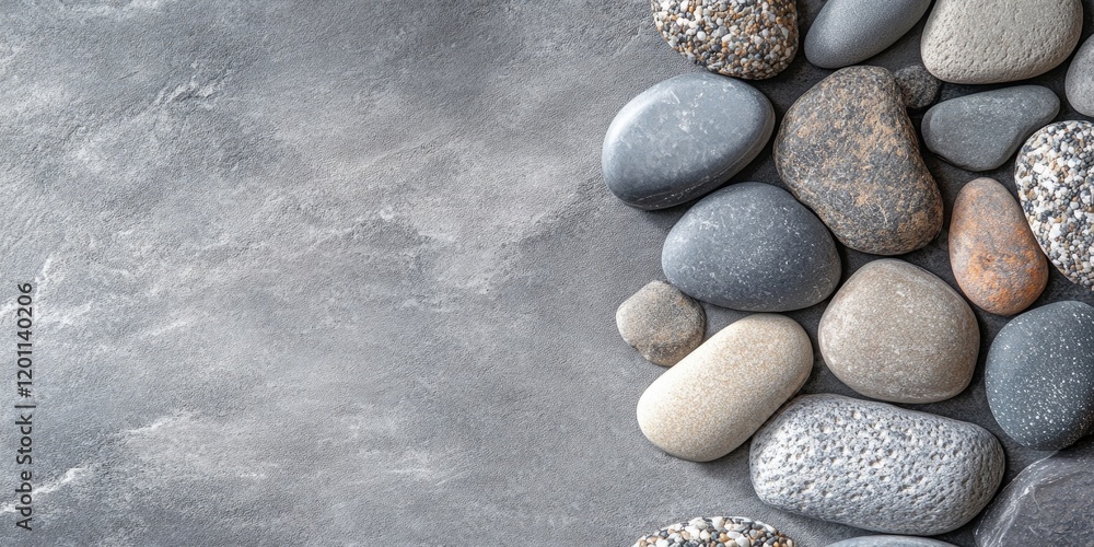 Poster product presentation layout showcasing smooth stones and pebbles in varying shades of grey positione
