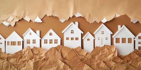 White paper houses on textured brown backdrop representing property investment concept, with varying house shapes and details, creating a business theme.