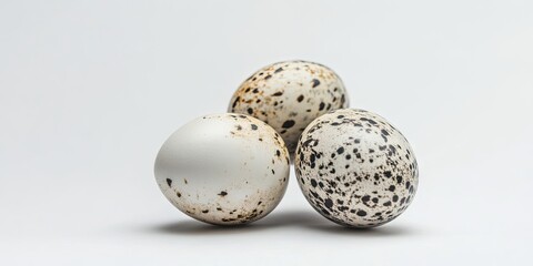 Three quail eggs in varying shades of cream and brown, positioned in a scattered arrangement against a soft white backdrop.