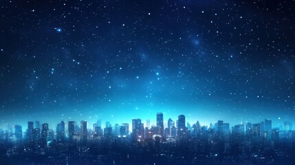 City skyline illuminated under a starry night sky with soft blue hues