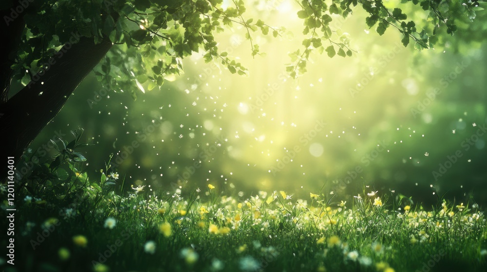 Poster Soft golden light filters through trees illuminating a vibrant meadow during springtime in a lush forest