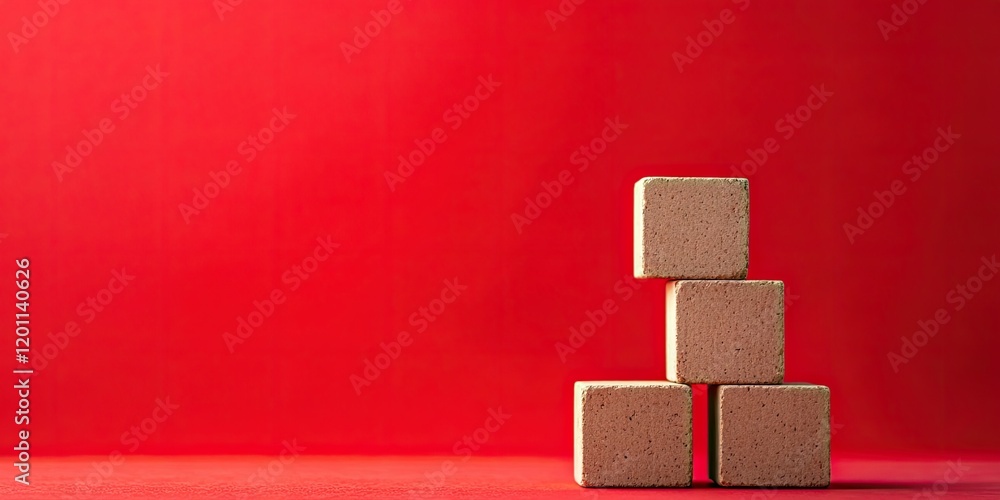 Poster stack of four beige brick blocks on the right side of an attractive red background with ample copysp