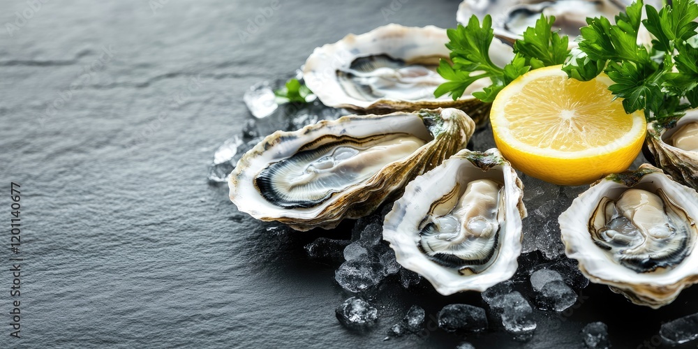 Poster Fresh Pacific oysters on ice with a lemon slice centered and parsley garnish arranged on dark gray slate background highlighting textures and colors