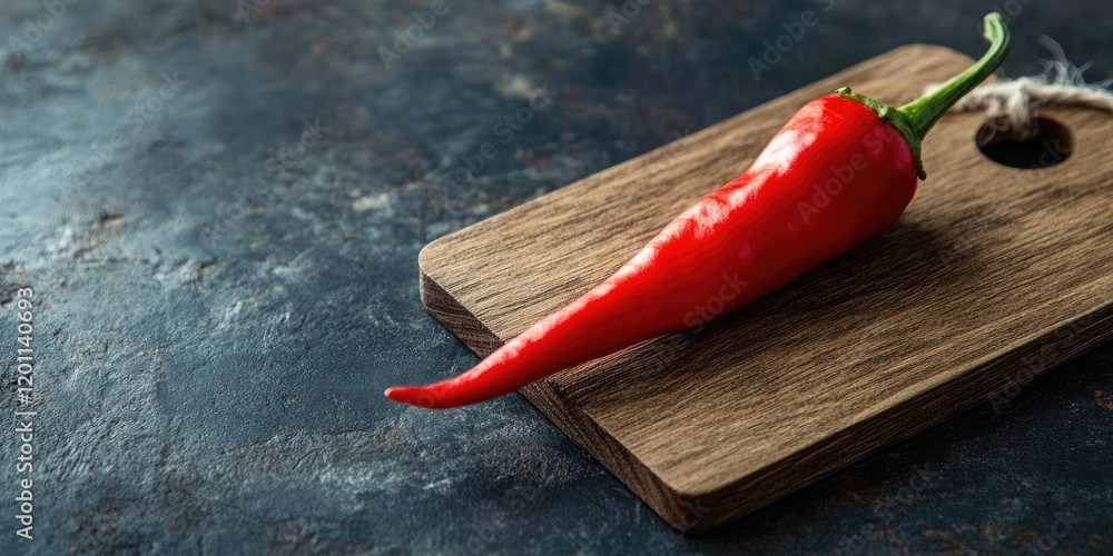 Poster red pepper resting on dark wooden board with rustic texture dark background enhancing vibrant red co