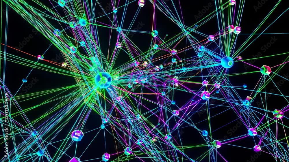 Poster exploring the vibrant world of abstract digital art with colorful connections and dynamic structures