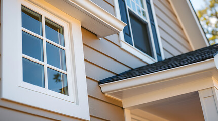 Elegant Home Exterior: White Window and Brown Siding Design. High-quality architecture and construction details. Perfect for real estate and home improvement projects.