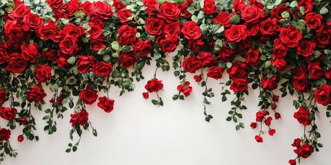 Elegant wedding backdrop adorned with vibrant red roses cascading from lush green leaves against a soft white background, ideal for romantic settings.