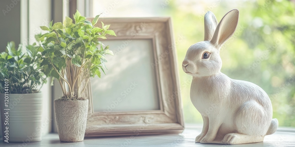 Poster elegant white rabbit statue positioned on a windowsill beside a small potted plant and an empty pict