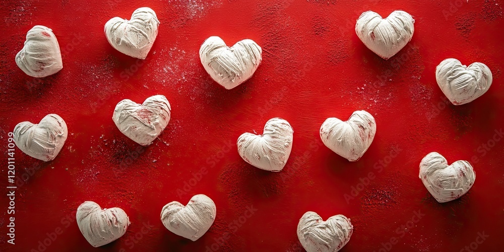 Aufkleber hearts arranged on a vibrant red background creating a central copy space with soft textures and var
