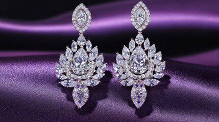 Fototapeta premium Beautiful diamond chandelier earrings showcased on a royal purple background, perfect for an opulent feel