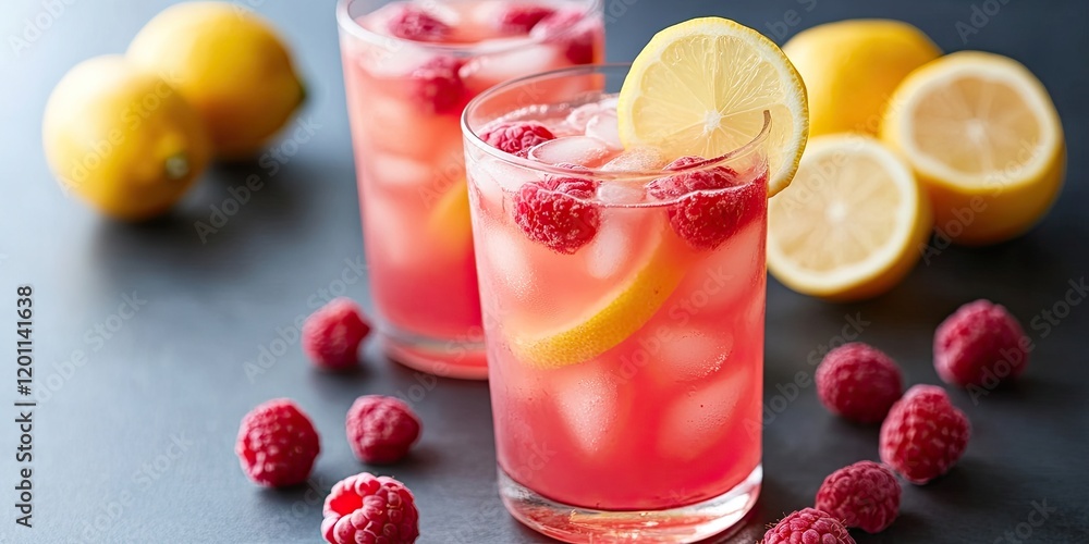 Poster raspberry lemon lemonade beverage in clear glasses filled with ice slices of lemon and fresh raspber