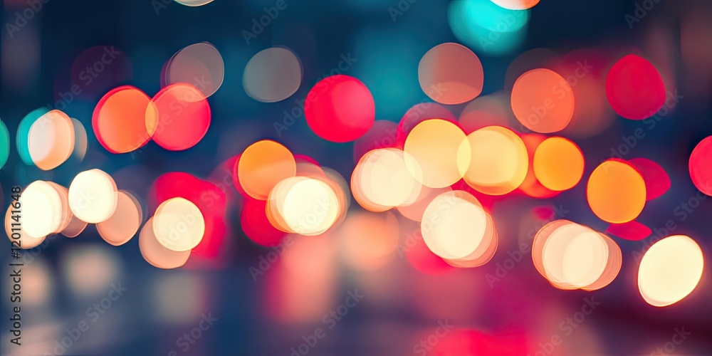 Poster bokeh effect with vibrant red orange and teal lights creating a defocused urban background with circ