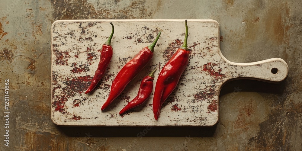 Poster red chili peppers arranged on a rustic cutting board with a weathered surface displaying deep reds a