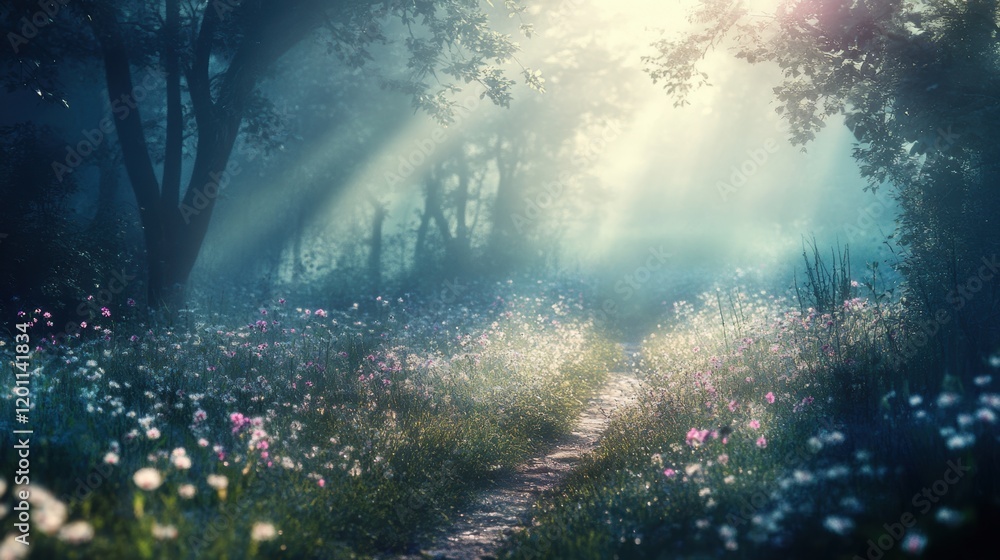 Poster explore a serene forest path illuminated by soft sunlight filtering through trees and vibrant wildfl