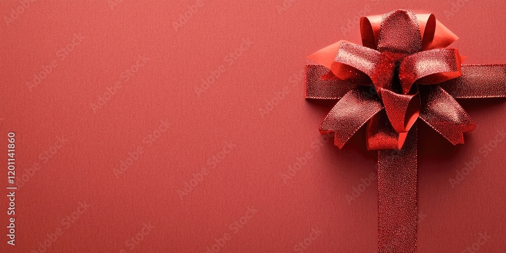 Poster red gift bow positioned on the top left against a solid red background, featuring textured ribbon an
