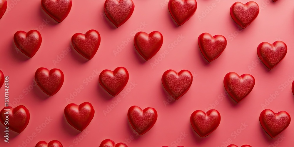 Aufkleber red hearts arranged in a pattern on a pinkish-red textured background with ample copy space ideal fo