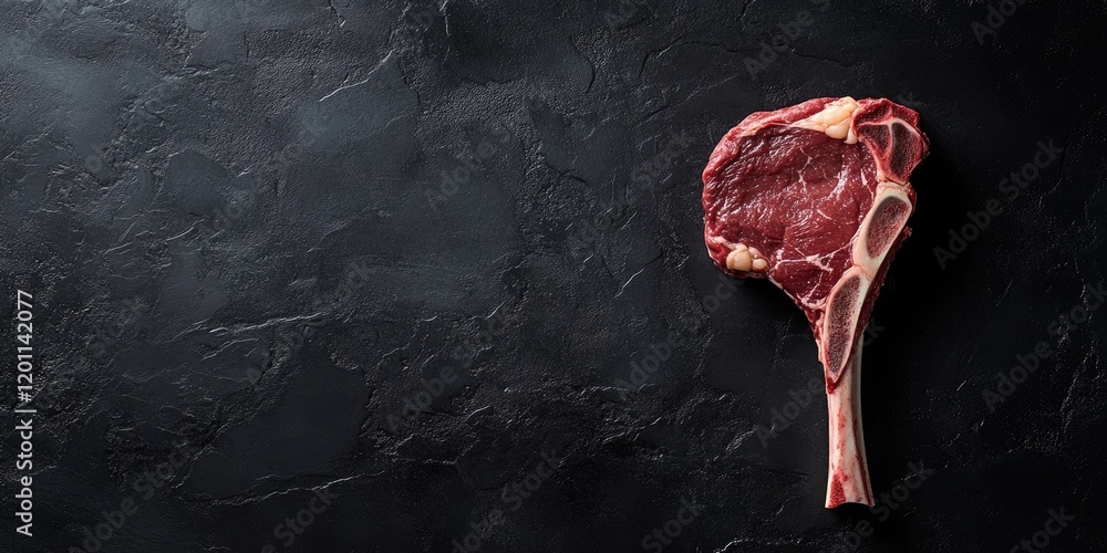 Poster Raw tomahawk steak positioned on the left of a dark textured backdrop ample negative space for text ideal for barbecue promotions or recipes