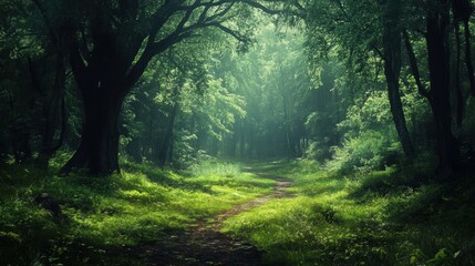 Obraz premium Sunlight filters through trees, illuminating a serene forest path in a lush green landscape