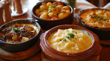 Swiss cuisine round frames vector cheese pie, ragu salmi, grizon lamb. Busseco soup, raclette with potatoes, sable breton cookies, dumplings from the canton of Jura, alpine lamb loin Switzerland food