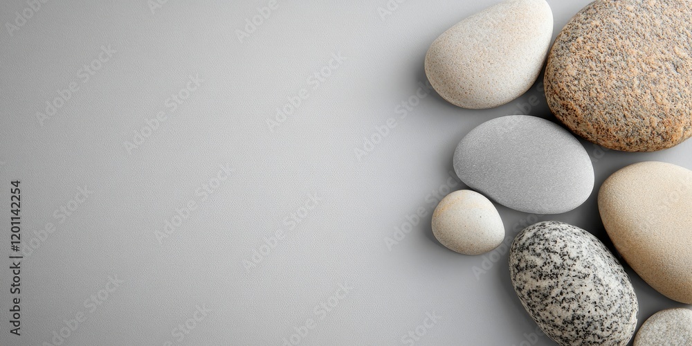 Poster Smooth stones and pebbles arranged on a light grey background with ample negative space on the left for product text and branding design.