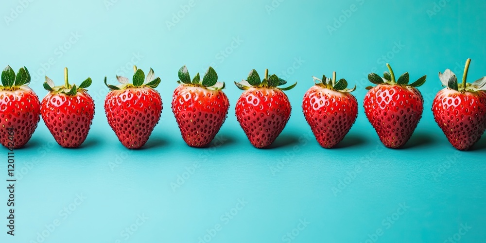 Poster row of fresh ripe strawberries placed evenly on a bright turquoise background with ample negative sp
