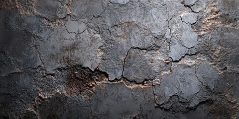 Fototapeta premium Cracked and weathered dark gray wall texture with rough, uneven surface showcasing deep crevices and subtle brown accents in a dramatic composition