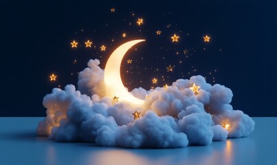 Golden crescent moon with stars and fluffy clouds on dark night sky background