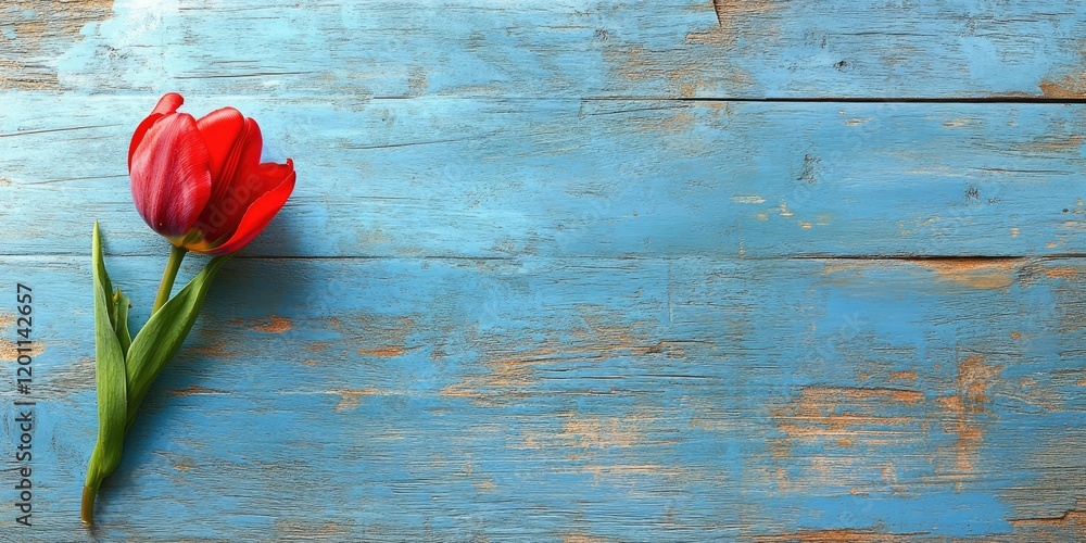 Poster vibrant red tulip placed diagonally on a weathered blue wooden surface with rustic textures creating