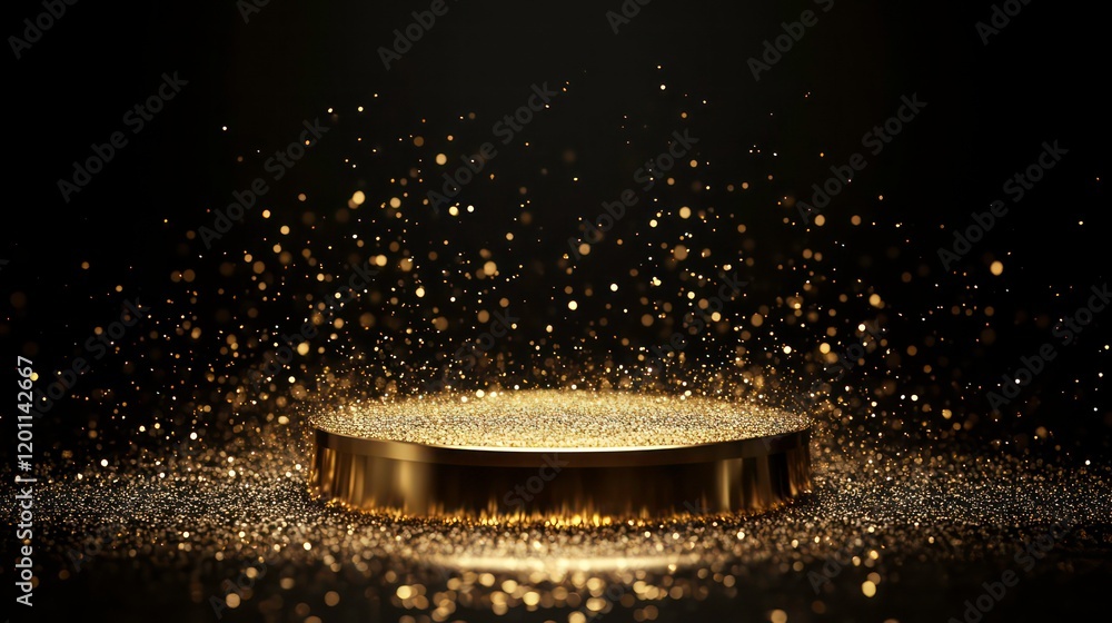 Poster golden podium with sparkling particles on dark background.