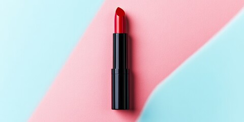 Obraz premium Red lipstick tube positioned upright on a soft pastel blue and pink background highlighting minimalistic beauty and modern makeup trends.