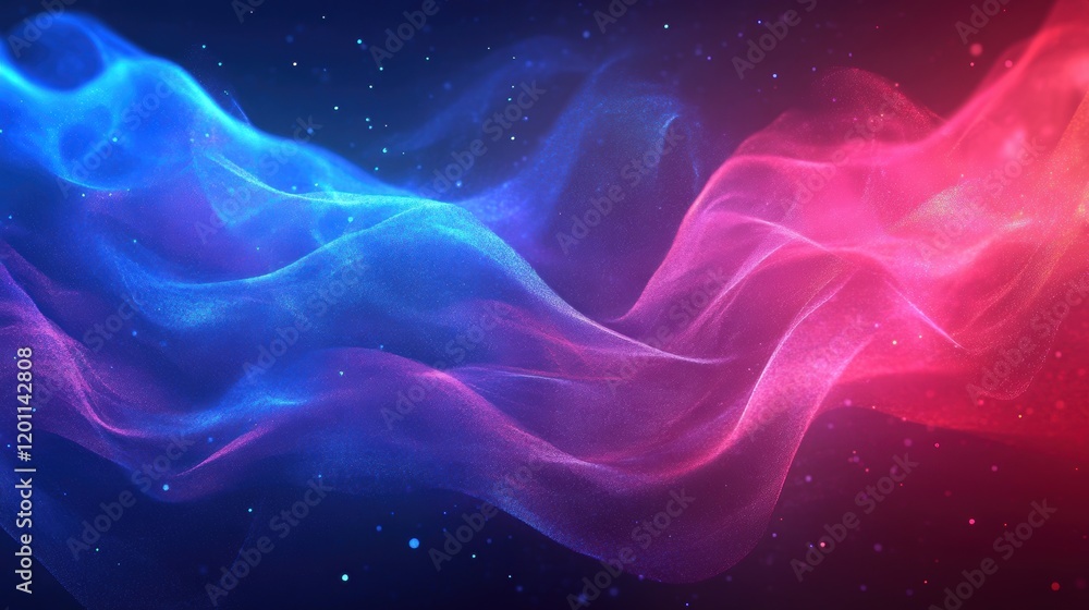 Poster colorful abstract wave patterns blend in blue and red hues, creating a dynamic visual effect suitabl
