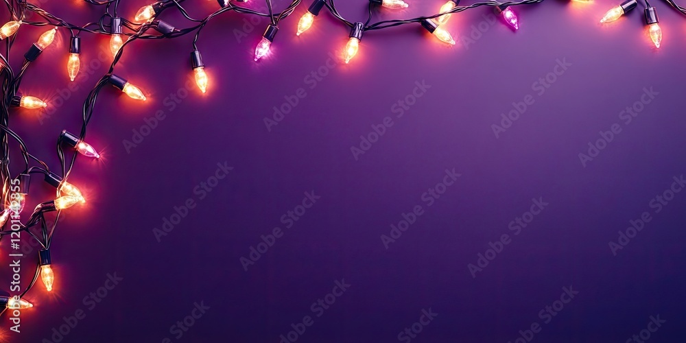Poster vibrant multicolored christmas lights twinkling against a dark violet background with space for text