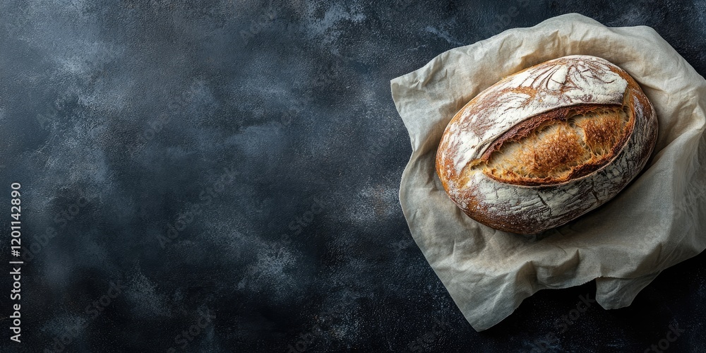 Poster rustic homemade bread on a cream napkin, positioned center against a dark textured backdrop with amp